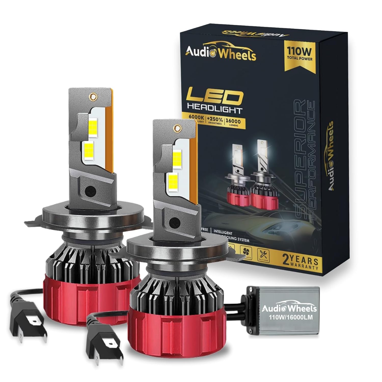 Audio Wheels H4-110W Car Led Headlight Bulbs, 16,000 Lumens Super Bright LED Headlight Conversion Kit for Cars 6000K Cool White Quick Installation Halogen Replacement, Pack of 2